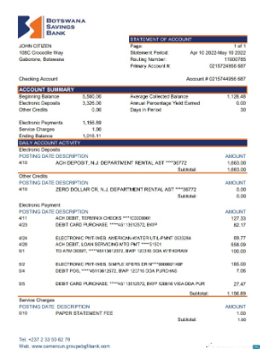Hochwertige Herunterladen Botsuana Sparkonto Bank Kontoauszug Excel Photoshop Vorlage