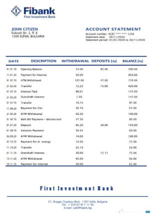 Herunterladen Bulgarien Fibank Erste Investition Bank Kontoauszug Word design