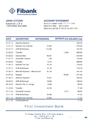 Hochwertige Herunterladen Bulgarien Fibank Bank Kontoauszug Excel Photoshop Vorlage