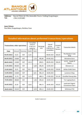 Herunterladen Burkina Faso Banque Atlantique Bank Kontoauszug Word design