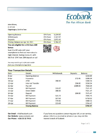 Editierbare Herunterladen Burkina Faso Ecobank Bank Kontoauszug Excel Photoshop Vorlage
