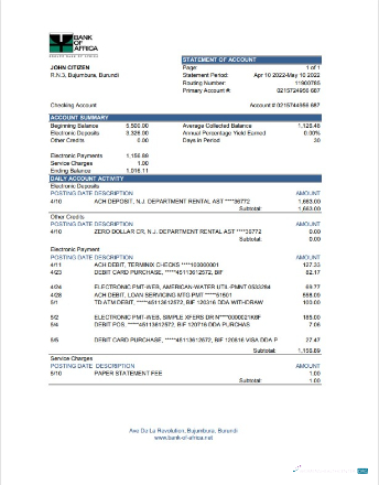 Professionelle Herunterladen Burundi Bank von Africa Bank Kontoauszug (AutoSum) Excel Photoshop Vorlage
