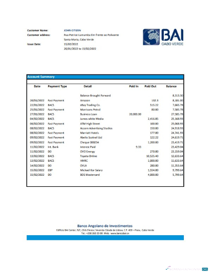 Professionelle Herunterladen Kap Verde Banco Africano de Investimentos Bank Kontoauszug (AutoSum) Excel Photoshop Vorlage