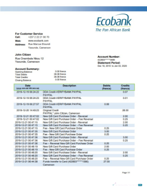 Herunterladen Kamerun Ecobank Bank Kontoauszug Word modell