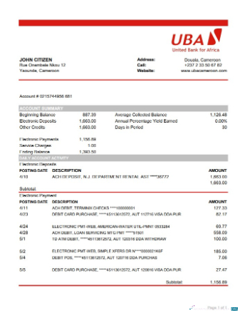 Realistische Herunterladen Kamerun UBA Bank Kontoauszug Excel Photoshop Vorlage