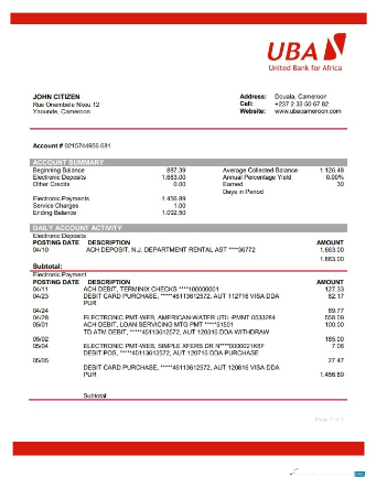 Herunterladen Kamerun UBA Bank Kontoauszug Word modell