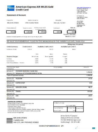 Premium Herunterladen Kanada American Express Air Meilen Gold Kredit Karte Kontoauszug Excel Photoshop Vorlage