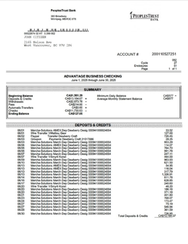 Herunterladen Kanada British Columbia PeoplesTrust Bank Geschäftlich Giro Kontoauszug Word vorlage