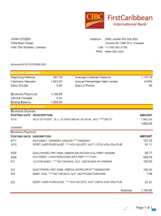 Editierbare Herunterladen Kanada CIBC Bank Kontoauszug Excel Photoshop Vorlage