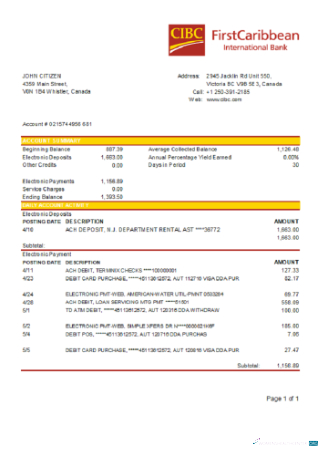 Herunterladen Kanada CIBC Bank Kontoauszug Word modell