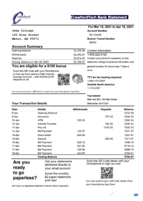 Realistische Herunterladen Kanada CrawfordTech Bank Kontoauszug Excel Photoshop Vorlage