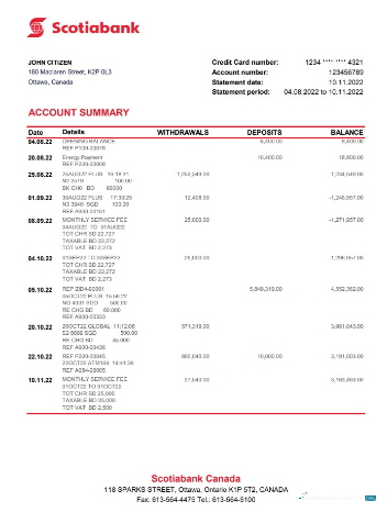 Hochwertige Herunterladen Kanada Scotiabank Bank Kontoauszug Excel Photoshop Vorlage