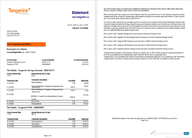 Herunterladen Kanada Tangerine Bank Kontoauszug Word vorlage