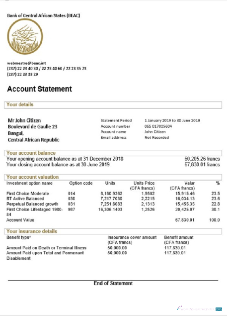 Herunterladen Zentralafrikanische Republik Bank von Zentral African States (BEAC) Bank Kontoauszug Word vorschau