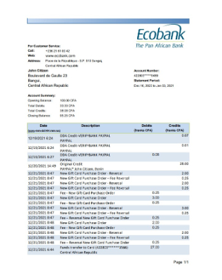 Hochwertige Herunterladen Zentralafrikanische Republik Ecobank Bank Kontoauszug (AutoSum) Excel Photoshop Vorlage