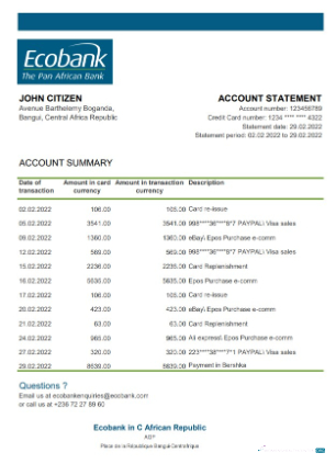 Editierbare Herunterladen Zentralafrikanische Republik Ecobank Bank Kontoauszug Excel Photoshop Vorlage