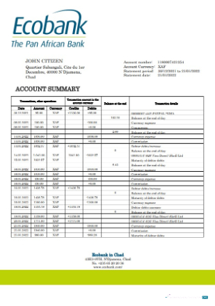 Herunterladen Tschad Ecobank Bank Kontoauszug Word vorschau