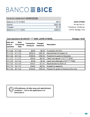 Editierbare Herunterladen Chile Banco Bice Bank Kontoauszug Excel Photoshop Vorlage