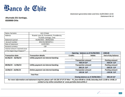 Herunterladen Chile Banco de Chile Bank Kontoauszug Word vorlage