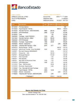 Realistische Herunterladen Chile Banco Del Estado de Chile Bank Kontoauszug Excel Photoshop Vorlage