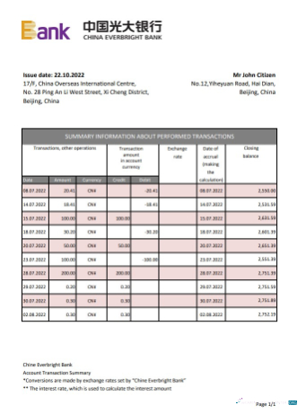 Editierbare Herunterladen China Everbright Bank Kontoauszug Excel Photoshop Vorlage
