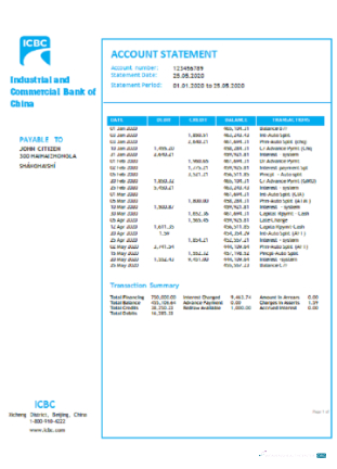 Herunterladen China Industrial und Kommerziell Bank von China Bank Kontoauszug Word modell