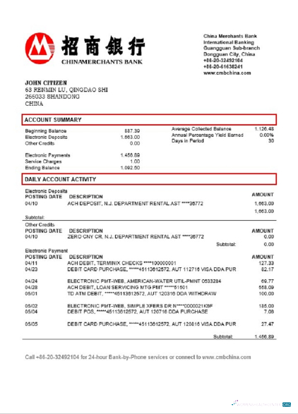 Herunterladen China Merchants Bank Kontoauszug Word vorlage