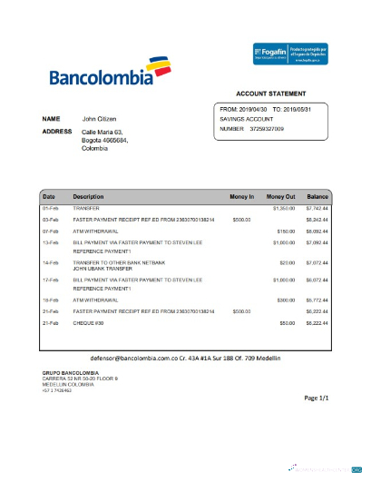 Herunterladen Kolumbien Bancolombia Bank Kontoauszug Word vorschau