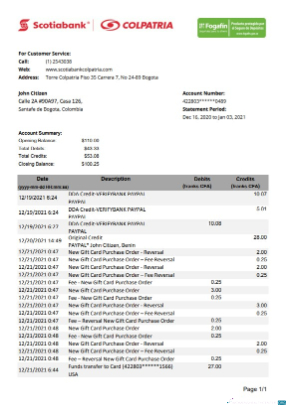 Realistische Herunterladen Kolumbien Scotiabank Colpatria Bank Kontoauszug Excel Photoshop Vorlage