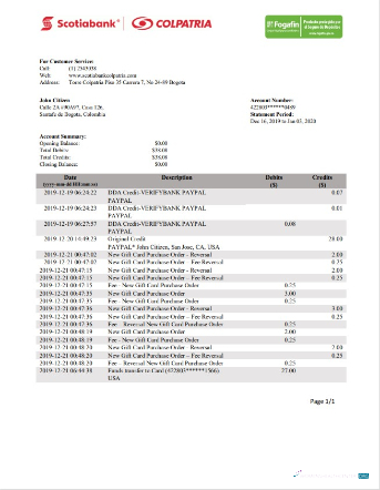 Herunterladen Kolumbien Scotiabank Colpatria Bank Kontoauszug Word vorlage