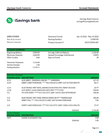 Editierbare Herunterladen Komoren ISavings Bank Kontoauszug Excel Photoshop Vorlage
