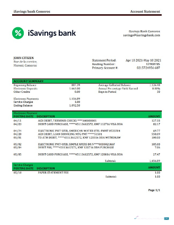 Herunterladen Komoren ISavings Bank Kontoauszug Word design