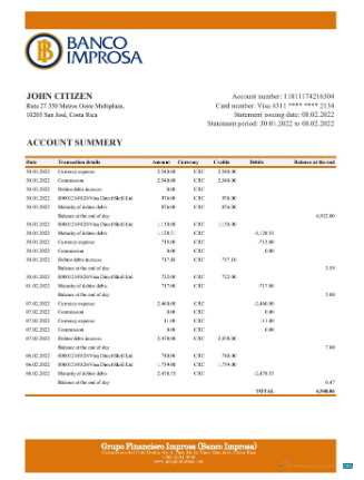 Editierbare Herunterladen Costa Rica Banco Improsa Bank Kontoauszug Excel Photoshop Vorlage