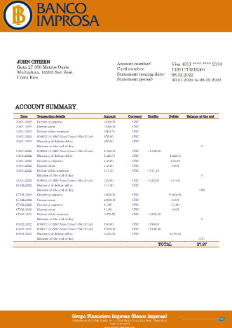 Herunterladen Costa Rica Banco Improsa Bank Kontoauszug Word vorlage