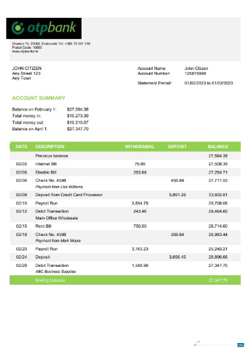 Herunterladen Kroatien OTP Bank Kontoauszug Word Version 2 modell