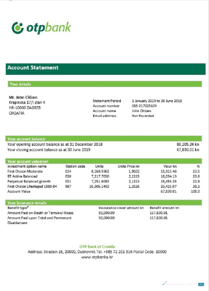 Herunterladen Kroatien OTP Bank Kontoauszug Word modell