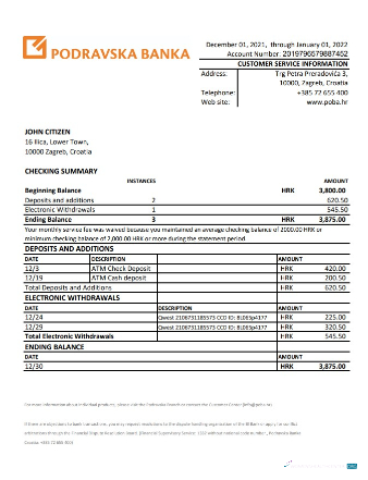 Editierbare Herunterladen Kroatien Podravska Bank Kontoauszug Excel Photoshop Vorlage