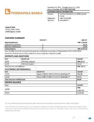 Herunterladen Kroatien Podravska Bank Kontoauszug Word vorschau