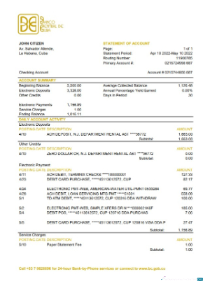 Editierbare Herunterladen Kuba Banco Zentral de Kuba Bank Kontoauszug Excel Photoshop Vorlage