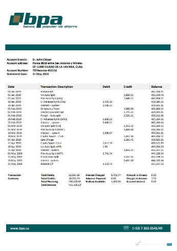 Herunterladen Kuba Banco Popular de Ahorro (BPA) Bank Kontoauszug Word design