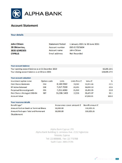 Editierbare Herunterladen Zypern Alpha Bank Kontoauszug Excel Photoshop Vorlage