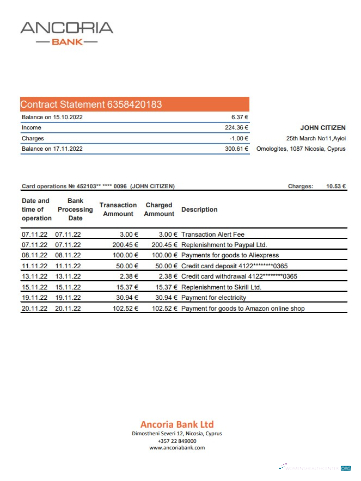 Hochwertige Herunterladen Zypern Ancoria Bank Kontoauszug Excel Photoshop Vorlage
