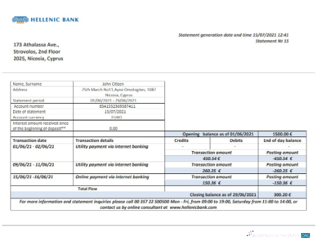 Herunterladen Zypern Hellenic Bank Kontoauszug Word 2 Seiten modell