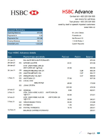 Editierbare Herunterladen Tschechien HSBC Bank Kontoauszug Excel Photoshop Vorlage