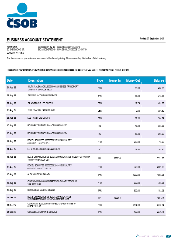 Československá Obchodní Banka Entreprise Banque Société Relevé Word et PDF Format modèle