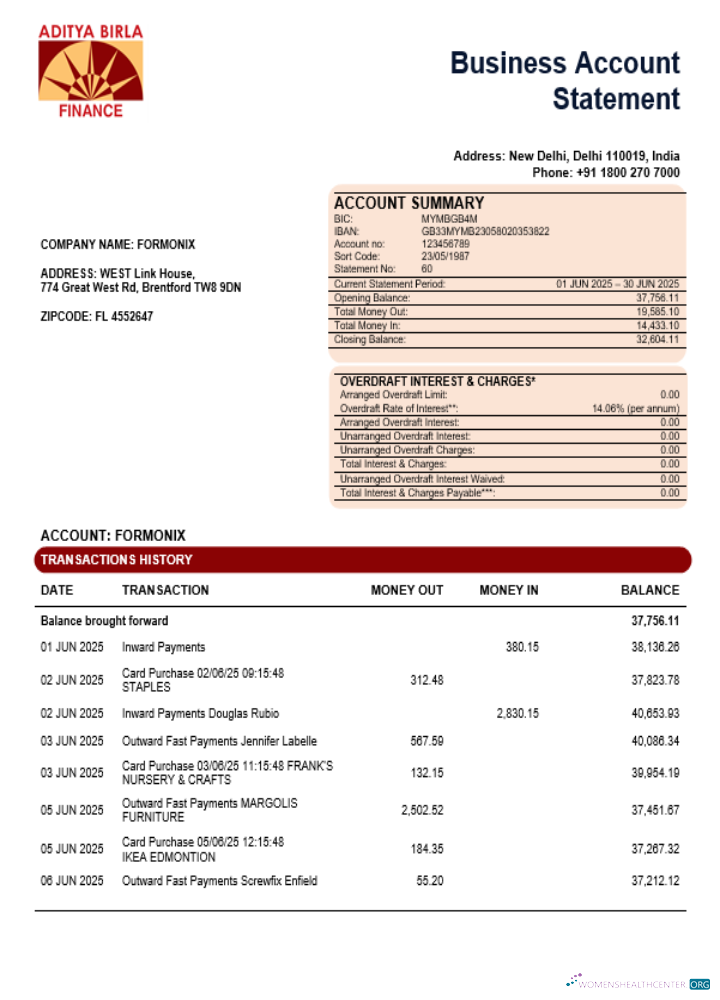 Aditya Birla Finance Ltée Banque Enterprise Compte Relevé Word et PDF Format maquette