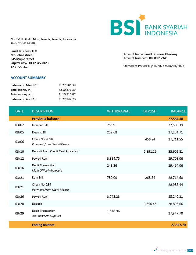 Modifiable Banque Syariah Indonésie Organization Compte Chèque Compte Relevé Word et PDF Modèle