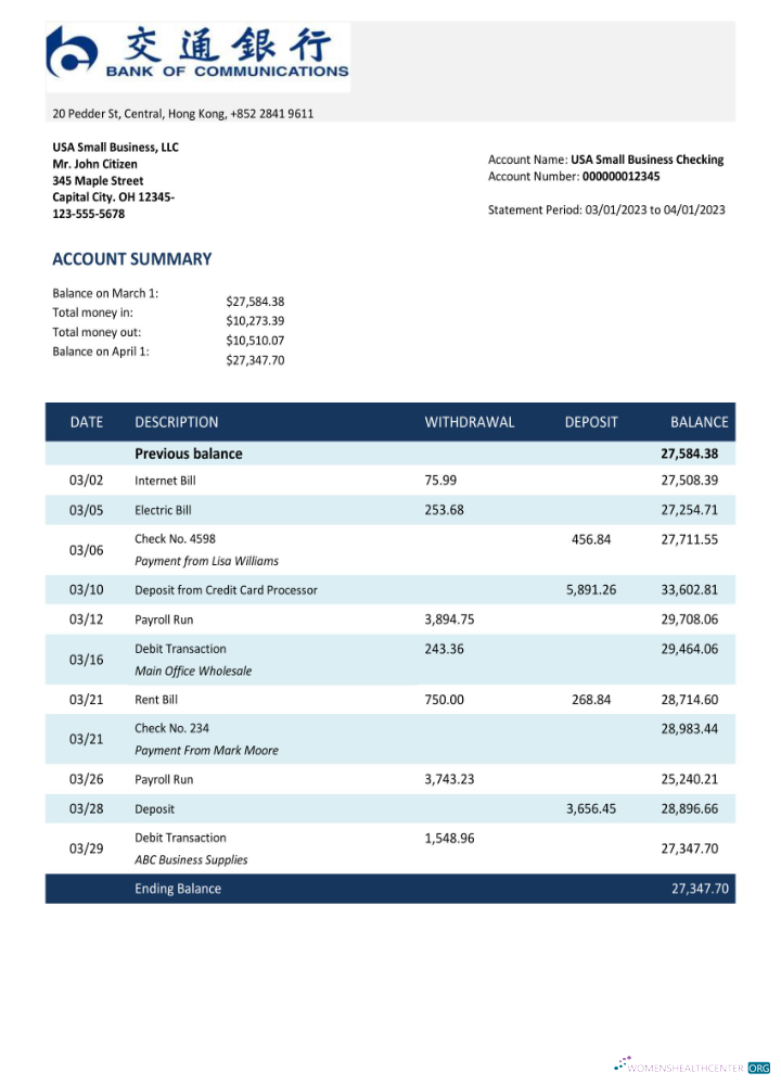 Qualité Banque de Communications Banque Enterprise Compte Relevé Word et PDF Modèle