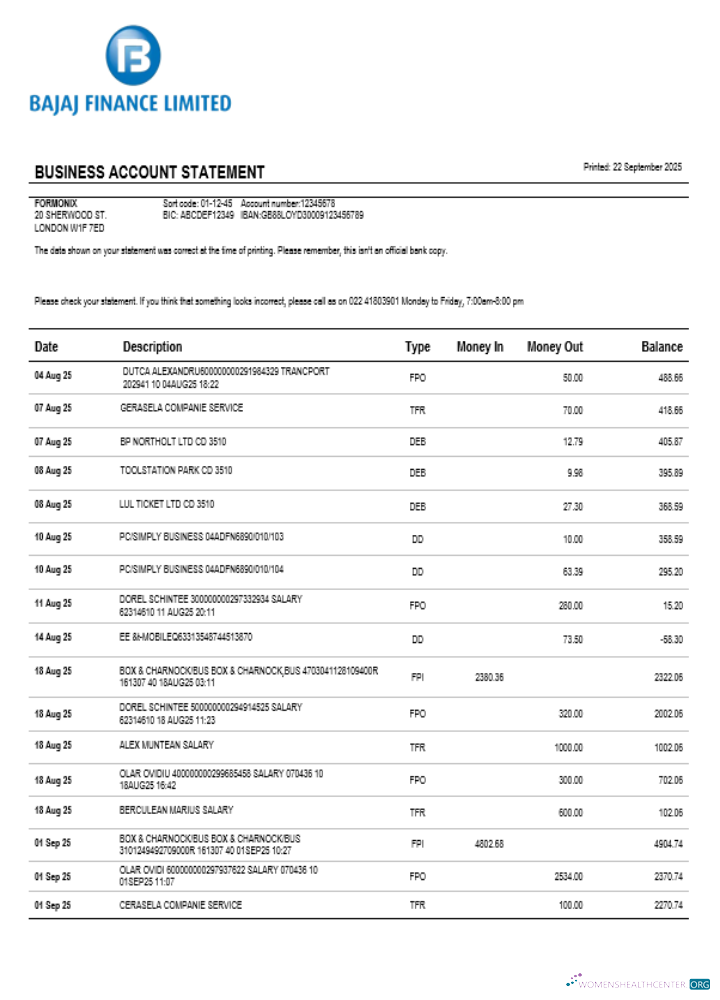Bajaj Finance Limitée Entreprise Firm Compte Banque Relevé Word et PDF Format design