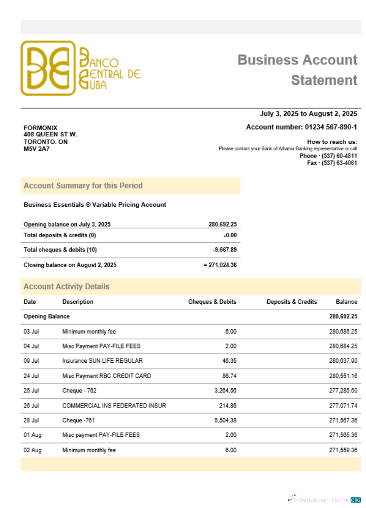 Banco Central de Cuban Banque Entreprise Firm Compte Relevé Word Snd PDF Format maquette